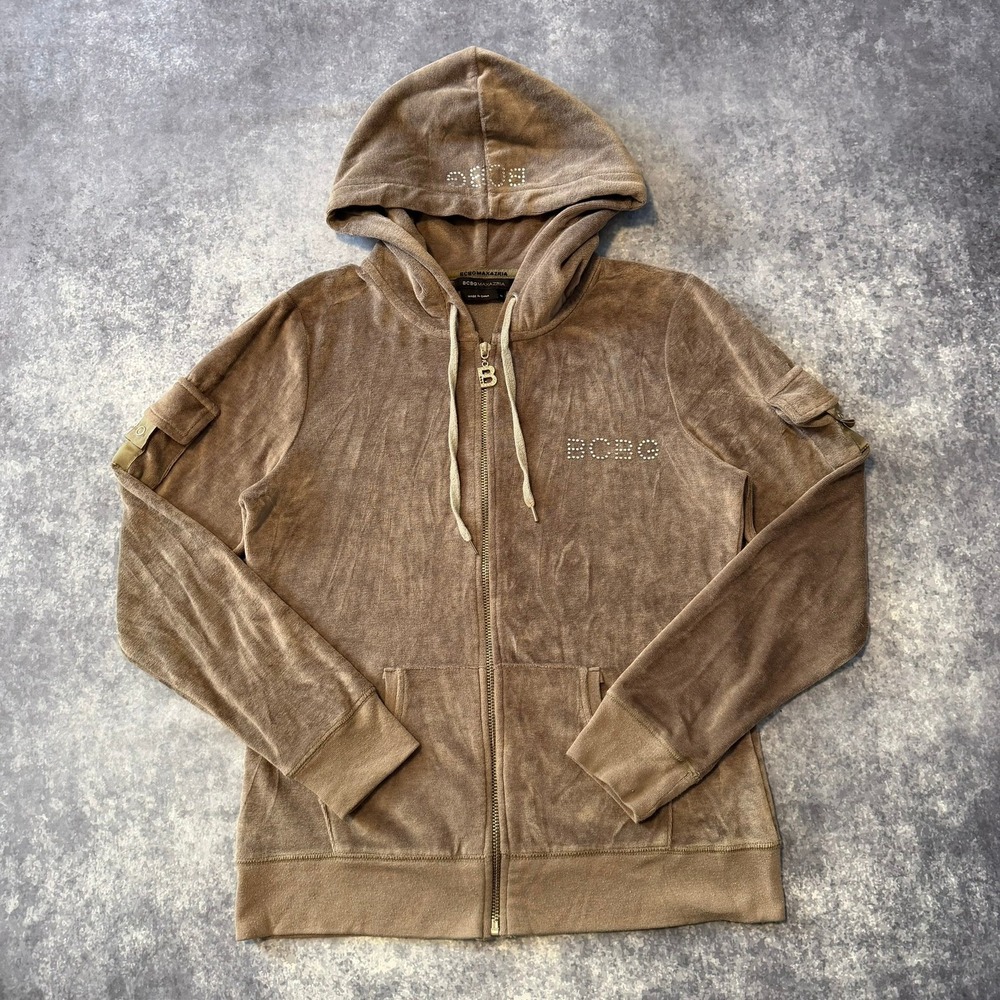 Y2K BCBG Max‎ Azria Womens Velour Full Zip Hoodie Brown Rhinestone Logo Size M